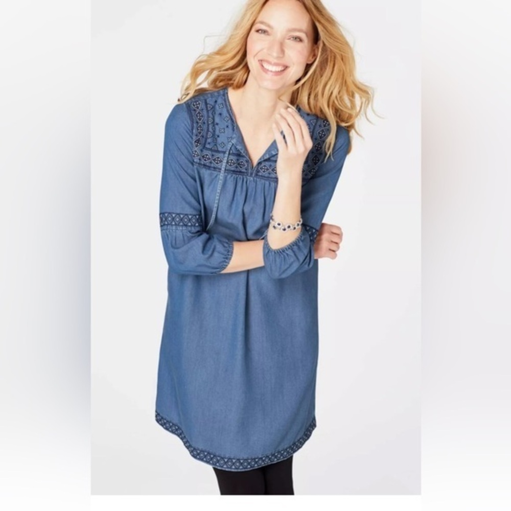 J Jill chambray embroidered tassel tie dress medium